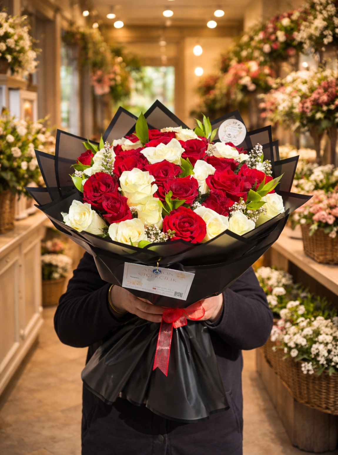 Grand Deluxe 51 Beyaz Kırmızı Gül Buketi