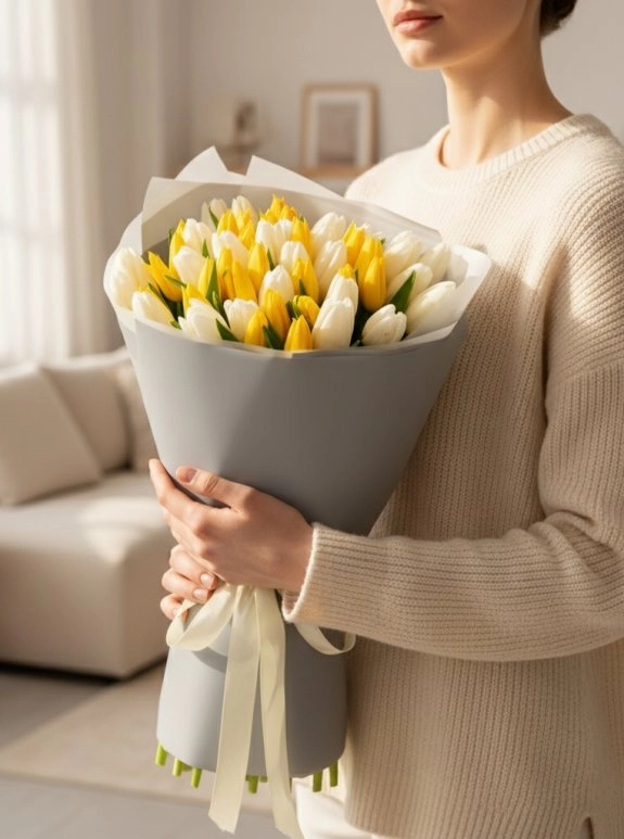 50 Adet Sarı Ve Beyaz Lale Buketi