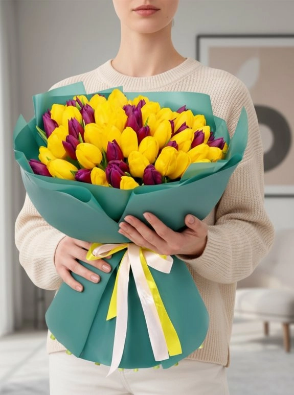 50 Adet Sarı Ve Mor Lale Buketi