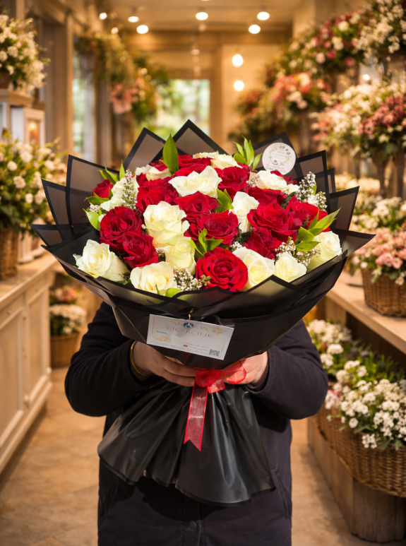 Grand Deluxe 51 Beyaz Kırmızı Gül Buketi